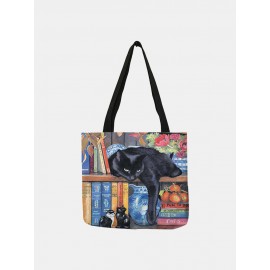 Women Felt Oil Painting Cat Print Tote Handbag Shoulder Bag