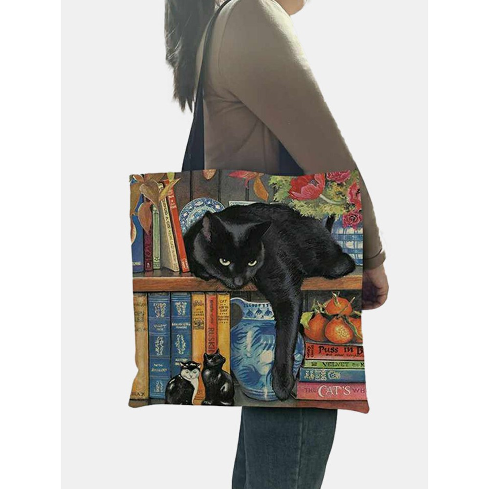 Women Felt Oil Painting Cat Print Tote Handbag Shoulder Bag