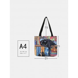 Women Felt Oil Painting Cat Print Tote Handbag Shoulder Bag