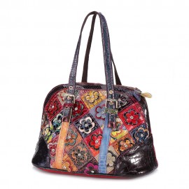 Women Floral Bohemian Genuine Leather Handbags Shell Large Capacity Crossbody Bags