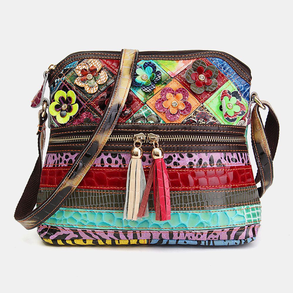 Women Floral Vintage Genuine Leather Crossbody Bag Girls Casual Shoulder Bag