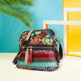 Women Floral Vintage Genuine Leather Crossbody Bag Girls Casual Shoulder Bag