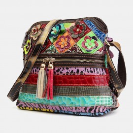 Women Floral Vintage Genuine Leather Crossbody Bag Girls Casual Shoulder Bag