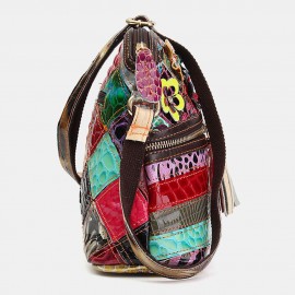Women Floral Vintage Genuine Leather Crossbody Bag Girls Casual Shoulder Bag