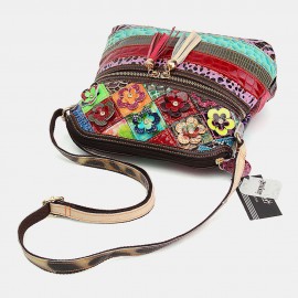 Women Floral Vintage Genuine Leather Crossbody Bag Girls Casual Shoulder Bag
