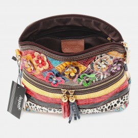 Women Floral Vintage Genuine Leather Crossbody Bag Girls Casual Shoulder Bag