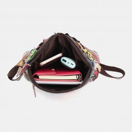 Women Floral Vintage Genuine Leather Crossbody Bag Girls Casual Shoulder Bag