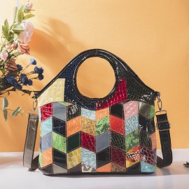 Women Genuine Leather Alligator Argyle Patchwork Multicolor Handbag Shoulder Bag Tote
