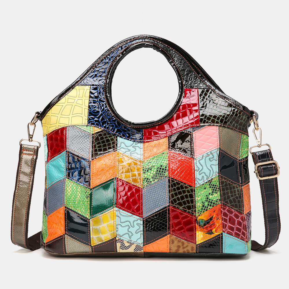 Women Genuine Leather Alligator Argyle Patchwork Multicolor Handbag Shoulder Bag Tote
