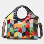 Women Genuine Leather Alligator Argyle Patchwork Multicolor Handbag Shoulder Bag Tote