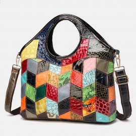 Women Genuine Leather Alligator Argyle Patchwork Multicolor Handbag Shoulder Bag Tote