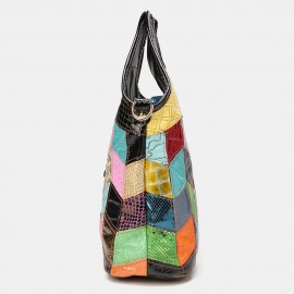 Women Genuine Leather Alligator Argyle Patchwork Multicolor Handbag Shoulder Bag Tote