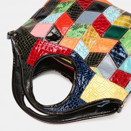 Women Genuine Leather Alligator Argyle Patchwork Multicolor Handbag Shoulder Bag Tote