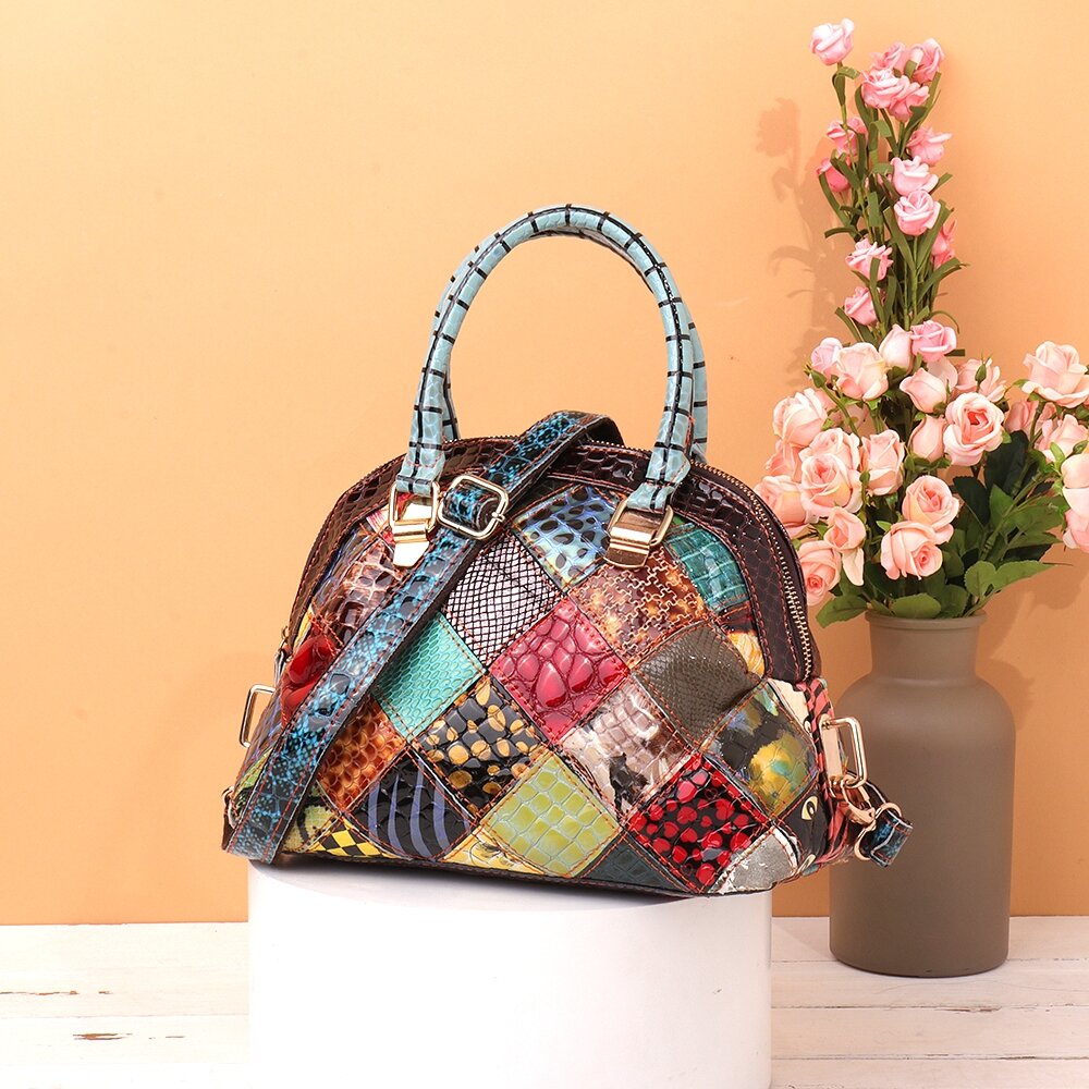 Women Genuine Leather Bohemian Floral Crossbody Bags Vintage Patchwork Shell Handbags