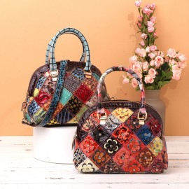 Women Genuine Leather Bohemian Floral Crossbody Bags Vintage Patchwork Shell Handbags