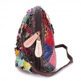 Women Genuine Leather Bohemian Shell Crossbody Bags Vintage Floral Shoulder Bags