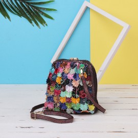 Women Genuine Leather Bohemian Shell Crossbody Bags Vintage Floral Shoulder Bags