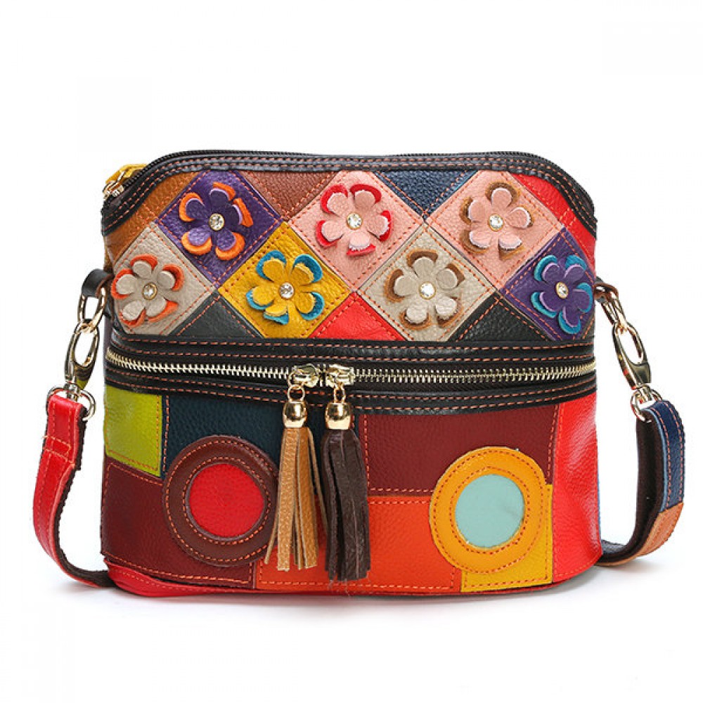 Women Genuine Leather Floral Crossbody Bag Vintage Bucket Bag Bohemian Bags