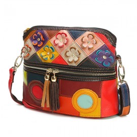 Women Genuine Leather Floral Crossbody Bag Vintage Bucket Bag Bohemian Bags