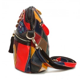 Women Genuine Leather Floral Crossbody Bag Vintage Bucket Bag Bohemian Bags