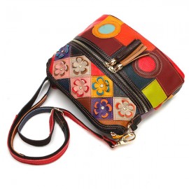 Women Genuine Leather Floral Crossbody Bag Vintage Bucket Bag Bohemian Bags