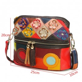 Women Genuine Leather Floral Crossbody Bag Vintage Bucket Bag Bohemian Bags