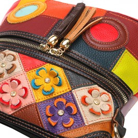 Women Genuine Leather Floral Crossbody Bag Vintage Bucket Bag Bohemian Bags