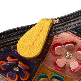 Women Genuine Leather Floral Crossbody Bag Vintage Bucket Bag Bohemian Bags