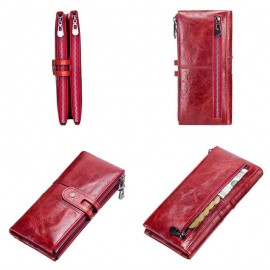 Women Genuine Leather High-end Long Wallet Double Zipper 12 Card Slot Phone Bag Solid Coin Purse