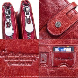 Women Genuine Leather High-end Long Wallet Double Zipper 12 Card Slot Phone Bag Solid Coin Purse