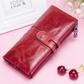Women Genuine Leather High-end Long Wallet Double Zipper 12 Card Slot Phone Bag Solid Coin Purse