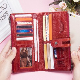 Women Genuine Leather High-end Long Wallet Double Zipper 12 Card Slot Phone Bag Solid Coin Purse