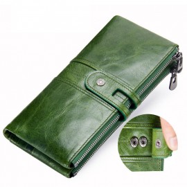 Women Genuine Leather High-end Long Wallet Double Zipper 12 Card Slot Phone Bag Solid Coin Purse