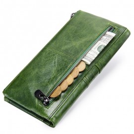 Women Genuine Leather High-end Long Wallet Double Zipper 12 Card Slot Phone Bag Solid Coin Purse