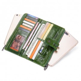 Women Genuine Leather High-end Long Wallet Double Zipper 12 Card Slot Phone Bag Solid Coin Purse
