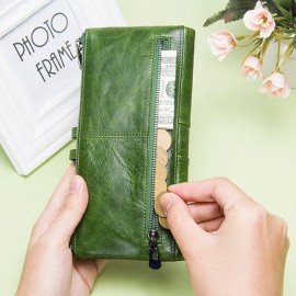 Women Genuine Leather High-end Long Wallet Double Zipper 12 Card Slot Phone Bag Solid Coin Purse