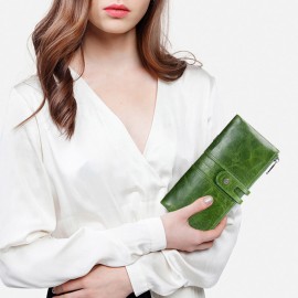 Women Genuine Leather High-end Long Wallet Double Zipper 12 Card Slot Phone Bag Solid Coin Purse