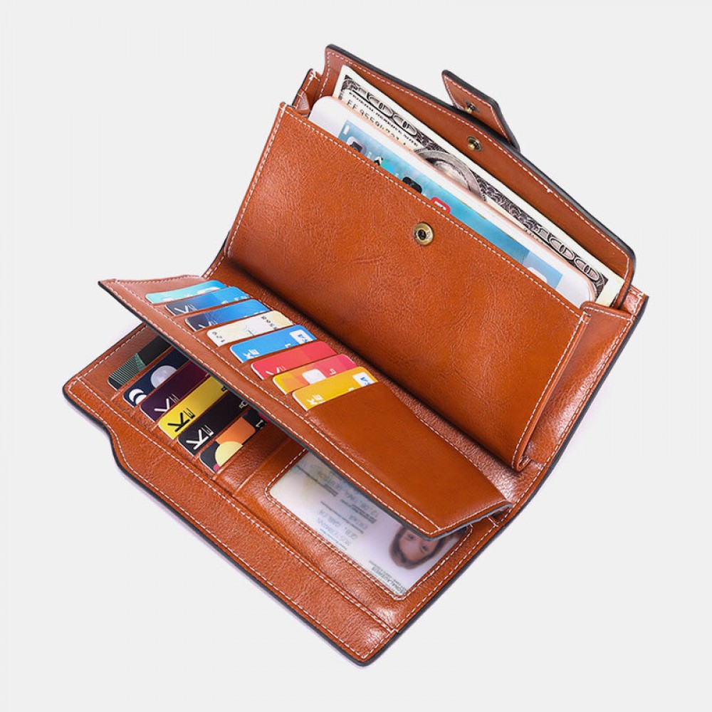Women Genuine Leather RFID Anti Theft Oil Wax 6.3 Inch Phone Long Wallet Purse