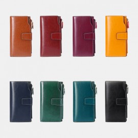 Women Genuine Leather RFID Anti Theft Oil Wax 6.3 Inch Phone Long Wallet Purse