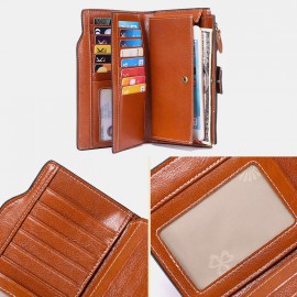 Women Genuine Leather RFID Anti Theft Oil Wax 6.3 Inch Phone Long Wallet Purse