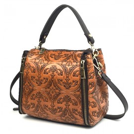 Women Genuine Leather Retro Bucket Handbag Hand Embossed Craft Flower Crossbody bag