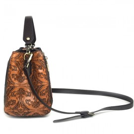 Women Genuine Leather Retro Bucket Handbag Hand Embossed Craft Flower Crossbody bag