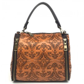 Women Genuine Leather Retro Bucket Handbag Hand Embossed Craft Flower Crossbody bag