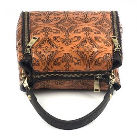 Women Genuine Leather Retro Bucket Handbag Hand Embossed Craft Flower Crossbody bag