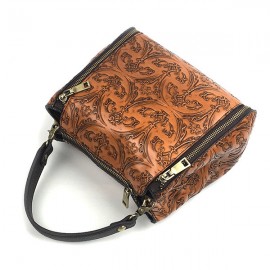 Women Genuine Leather Retro Bucket Handbag Hand Embossed Craft Flower Crossbody bag