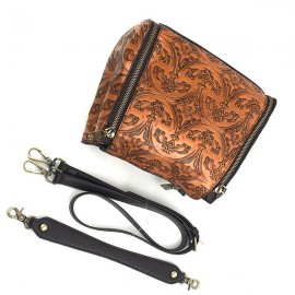 Women Genuine Leather Retro Bucket Handbag Hand Embossed Craft Flower Crossbody bag
