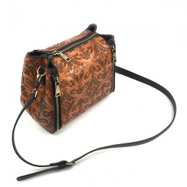 Women Genuine Leather Retro Bucket Handbag Hand Embossed Craft Flower Crossbody bag