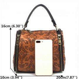 Women Genuine Leather Retro Bucket Handbag Hand Embossed Craft Flower Crossbody bag
