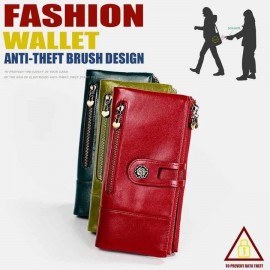 Women Genuine Leather Rfid Antimagnetic Multi-slots 14 Card Slots Zipper Bifold Long Wallet