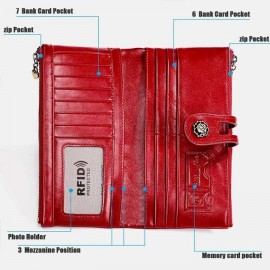 Women Genuine Leather Rfid Antimagnetic Multi-slots 14 Card Slots Zipper Bifold Long Wallet